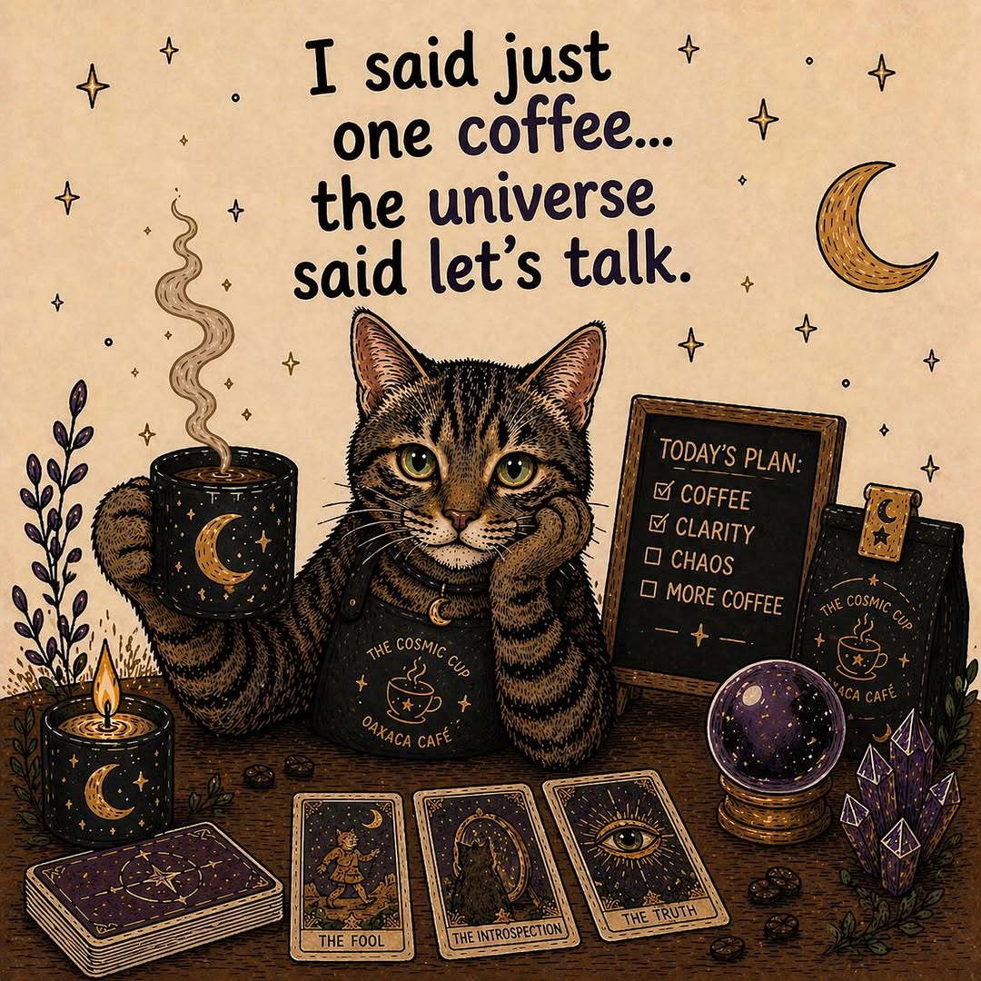 The Cosmic Cup coffee and tarot illustration