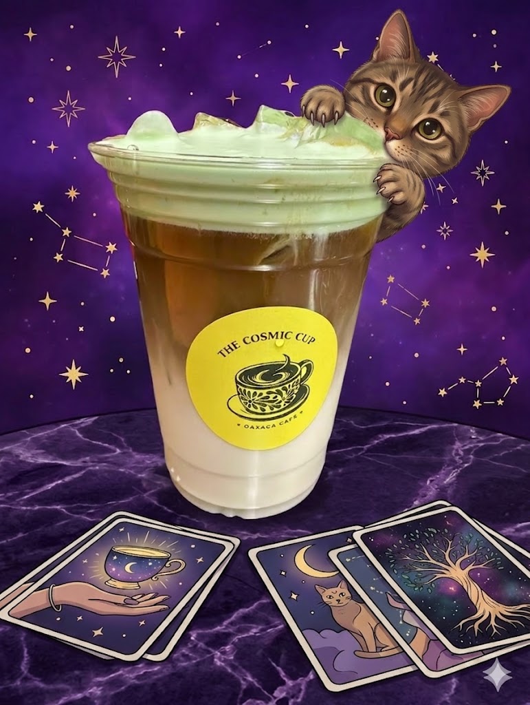 Seasonal drink with tarot cards at The Cosmic Cup