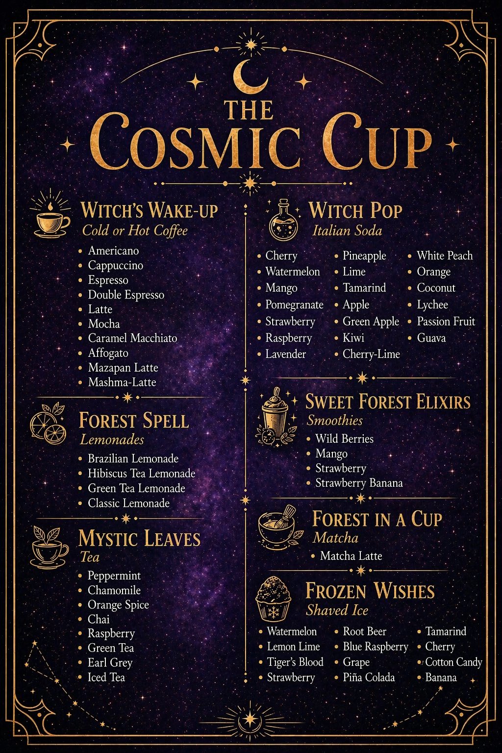 The Cosmic Cup full menu board