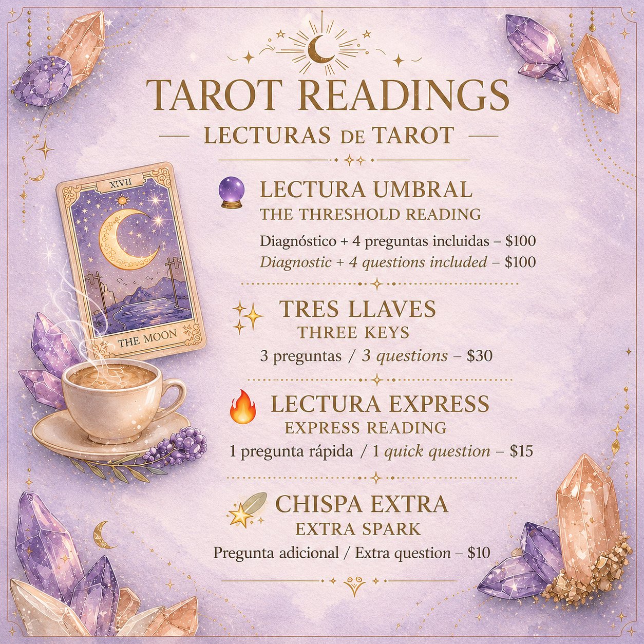 Tarot reading menu and pricing at The Cosmic Cup